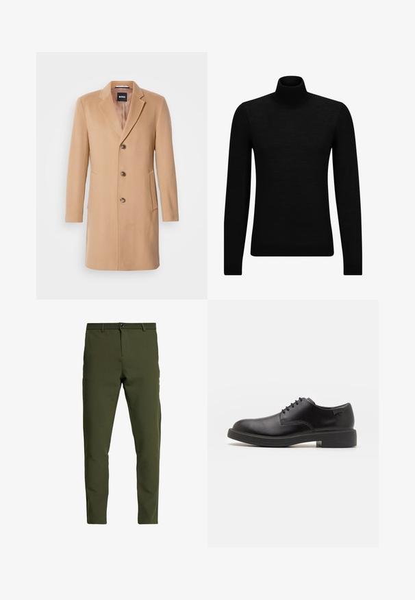 Beiger Wollmischmantel mit Reverskragen, einreihigem Verschluss, drei braunen Knöpfen, zwei Seitentaschen und glatter Textur.; Schwarzer Rollkragenpullover aus weichem Material mit langen Ärmeln und enger Passform. Rippbesatz am Saum und an den Bündchen. Einfaches Design.; Olivgrüne Hose mit slim fit, aus einem glatten, strapazierfähigen Stoff. Mit Reißverschluss, Knopfverschluss und Standardtaschen.; Schwarzer Leder-Schnürschuh mit abgerundetem Zeh, glatter Textur, minimaler Naht und niedrigem Gummiabsatz. Logo auf der Ferse.
