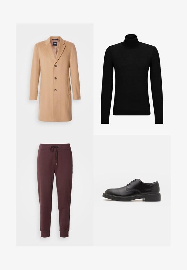 Płaszcz z mieszanki wełny w kolorze camel, z wklęsłym kołnierzem, jednoszeregowym zapięciem, trzema brązowymi guzikami, dwiema bocznymi kieszeniami i gładką fakturą.; Czarny sweter z golfem wykonany z miękkiego materiału, z długimi rękawami i dopasowanym krojem. Żebrowane wykończenie na dolnym brzegu i mankietach. Prosty design.; BOSS LOCSIN czerwony; Czarny skórzany but za kostkę z okrągłym noskiem, gładką fakturą, minimalnym przeszyciem i niskim gumowym obcasem. Logo na pięcie.