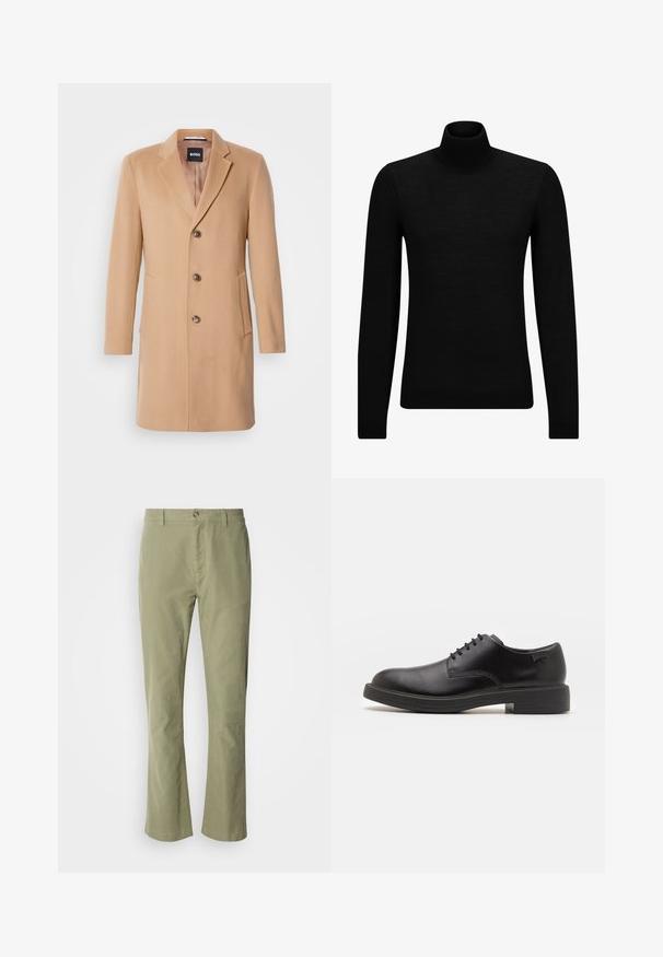 Kamieļa vilnas pārklājs ar izgrieztu atlokiem, viengabalainu aizdari, trim brūnām pogām, divām sānu kabatām un gludu tekstūru.; Melnā augstā kakla džemperis, kas izgatavots no mīksta materiāla, ar garām piedurknēm un pieguļušu piegriezumu. Ribota apdare ap apakšu un piedurknēm. Vienkāršs dizains.; Gai zaļi kokvilnas bikses ar taisnu kāju dizainu, ar priekšējo pogu aizdari un smalku tekstūru. Nav redzamu rakstu vai akcentu.; Melna āda sašūta kurpe ar noapaļotu purngalu, gludu tekstūru, minimālu šuvju skaitu un zemu gumijas papēdi. Logo uz papēža.