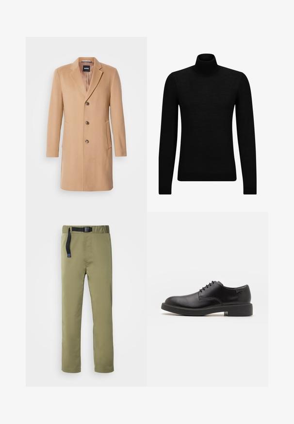 Płaszcz z mieszanki wełny w kolorze camel, z wklęsłym kołnierzem, jednoszeregowym zapięciem, trzema brązowymi guzikami, dwiema bocznymi kieszeniami i gładką fakturą.; Czarny sweter z golfem wykonany z miękkiego materiału, z długimi rękawami i dopasowanym krojem. Żebrowane wykończenie na dolnym brzegu i mankietach. Prosty design.; Jasnozielone, lekkie spodnie z czarnym regulowanym paskiem, proste cięcie i subtelne detale w szwie. Idealne do aktywności na świeżym powietrzu.; Czarny skórzany but za kostkę z okrągłym noskiem, gładką fakturą, minimalnym przeszyciem i niskim gumowym obcasem. Logo na pięcie.