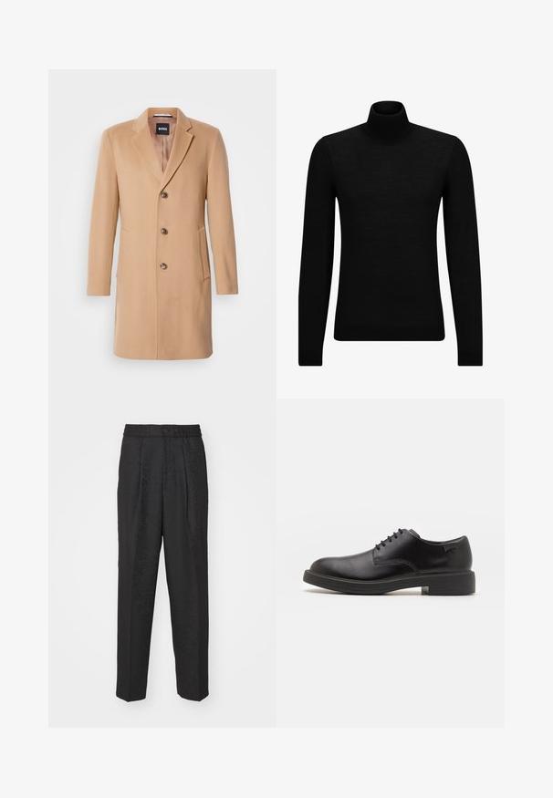 Kameli villasegudest mantel, millel on sisselõigatud krae, ühe nööbiga kinnitamine, kolm pruuni nööpi, kaks küljetaskut ja sile tekstuur.; Musthave muströid ja pehmest materjalist must turtleneck, millel on pikad varrukad ja tihe istuvus. Ribaga ääris allservas ja vöökohal. Lihtne disain.; Mustad püksid, millel on kummist ja nööbiga sulgemine, koos peene mustriga tekstuuriga, mis kulgeb mööda kangast.; Must beemel levalis kingad ümarate varvastega, sileda pinnaga, minimaalsete õmblustega ja madala kummist kontsaga. Logo kontsa peal.