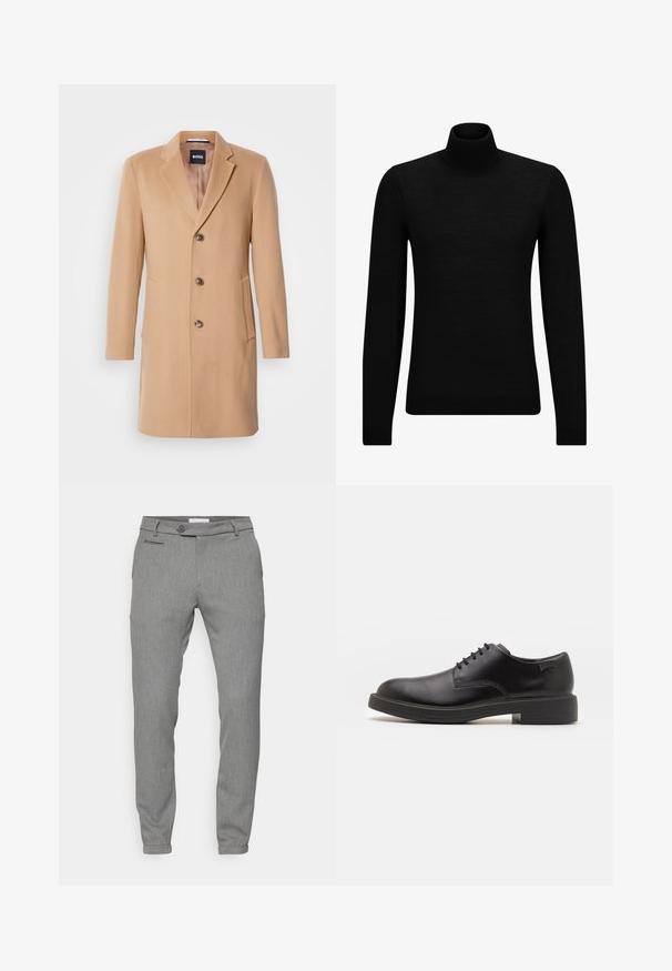 Plašč iz mešanice kamelje volne z oblačnim ovratnikom, enojnim zapiranjem, tremi rjavimi gumbi, dvema stranskima žepoma in gladko teksturo.; Črna turtleneck pulover iz mehkega materiala, z dolgimi rokavi in tesnim prileganjem. R ibana obroba na robu in rokavih. Preprosta zasnova.; Sive hlače z teksturirano, tkaninsko obdelavo; ozek kroj; pet žepov; gumbasto zapiranje; zoženi gležnji; subtilen vzorec.; Črne usnjene čipkaste čevlje z zaobljenim nosom, gladko teksturo, minimalnim šitjem in nizkim gumijastim peto. Logo na peti.