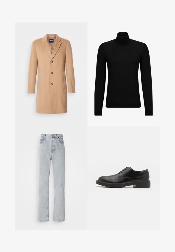 Płaszcz z mieszanki wełny w kolorze camel, z wklęsłym kołnierzem, jednoszeregowym zapięciem, trzema brązowymi guzikami, dwiema bocznymi kieszeniami i gładką fakturą.; Czarny sweter z golfem wykonany z miękkiego materiału, z długimi rękawami i dopasowanym krojem. Żebrowane wykończenie na dolnym brzegu i mankietach. Prosty design.; Jasnoszare dżinsy z prostymi nogawkami, wysokim stanem, stylem z pięcioma kieszeniami oraz widocznymi detalami w szwie.; Czarny skórzany but za kostkę z okrągłym noskiem, gładką fakturą, minimalnym przeszyciem i niskim gumowym obcasem. Logo na pięcie.