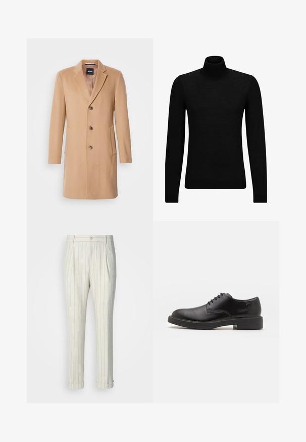 Kaput s mješavinom kamilje vune s urezanim reverom, jednostrukim kopčanjem, tri smeđa gumba, dva bočna džepa i glatkom teksturom.; Crni dukserica s visokim ovratnikom, napravljena od mekanog materijala, s dugim rukavima i priljubljenim krojem. Rebrasti detalji na donjem rubu i rukavima. Jednostavan dizajn.; Nabrane hlače od lagane tkanine, sa krem podlogom i tankim plavim vertikalnim prugama. S manžetama na rubovima i jednim prednjim gumbom.; Crne kožne cipele s vezanjem i zaobljenim vrhom, glatke teksture, minimalnim šavovima i niskim gumiranim potplatom. Logo se nalazi na peti.