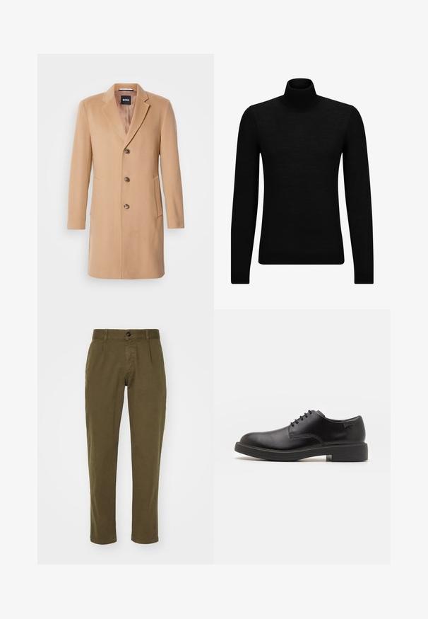 Kamieļa vilnas pārklājs ar izgrieztu atlokiem, viengabalainu aizdari, trim brūnām pogām, divām sānu kabatām un gludu tekstūru.; Melnā augstā kakla džemperis, kas izgatavots no mīksta materiāla, ar garām piedurknēm un pieguļušu piegriezumu. Ribota apdare ap apakšu un piedurknēm. Vienkāršs dizains.; Olivza zaļas kokvilnas bikses ar taisnu piegriezumu, ar priekšu aizdarāmām pogām, jostas cilpām un sānu kabatām. Gluda tekstūra.; Melna āda sašūta kurpe ar noapaļotu purngalu, gludu tekstūru, minimālu šuvju skaitu un zemu gumijas papēdi. Logo uz papēža.