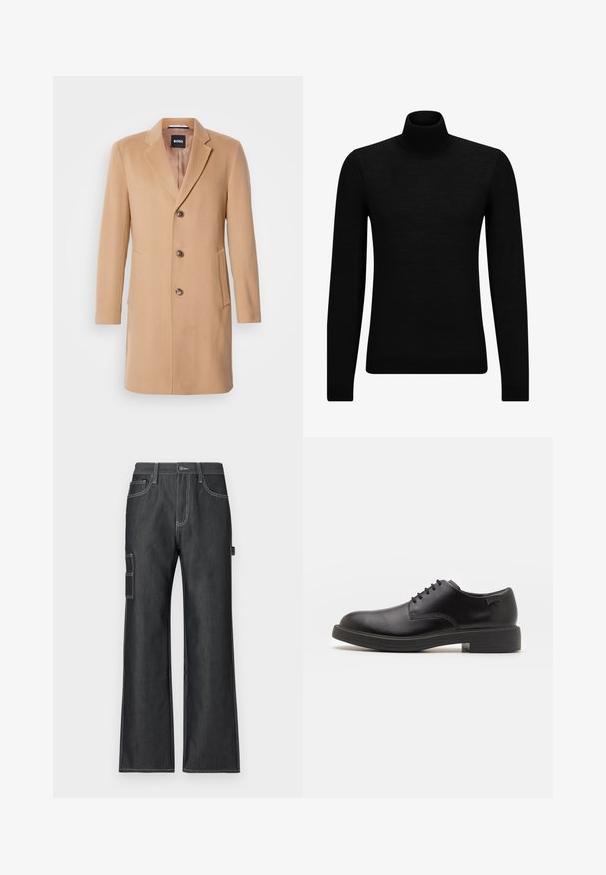 Kamelin villasekoitteinen takki, jossa on uurrettu kaulus, yksirivinen napitus, kolme ruskeaa nappia, kaksi sivutaskua ja sileä pinta.; Mustahuivi neule, joka on valmistettu pehmeästä materiaalista, jossa on pitkät hihat ja tiukka istuvuus. Ribbaus reunassa ja hihansuissa. Yksinkertainen muotoilu.; Tummansiniset cargo-housut leveällä lahkeella, joissa on kontrastivalkoiset saumat, sivutaskut ja paikka-tasku vasemmassa lahkeessa.; Mustat nahkasaappaat, joissa on pyöreä kärki, sileä pinta, minimaalinen ommel ja matala kumipohja. Logo kannassa.