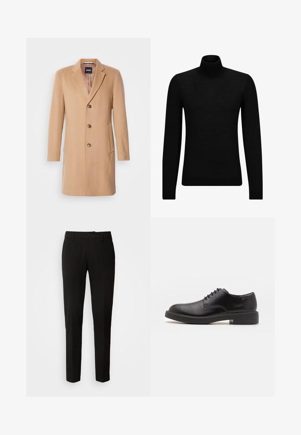 Kamelový vlnený kabát so zaobleným límcom, jednostranným zapínaním, tromi hnedými gombíkmi, dvoma bočnými vreckami a hladkou textúrou.; Čierny rolák vyrobený z jemného materiálu, s dlhými rukávmi a tesným strihom. Hranatý lem a manžety s ribbed úpravou. Jednoduchý dizajn.; Čierne nohavice s rovnou nohavicou, s klopacím uzáverom, pútkom na opasok a hladkou textúrou látky. Žiadne viditeľné vzory ani akcenty.; Čierne kožené šnurovacie topánky s okrúhlou špičkou, hladkým povrchom, minimálnym prešívaním a nízkym gumovým podpätkom. Logo na podpätku.
