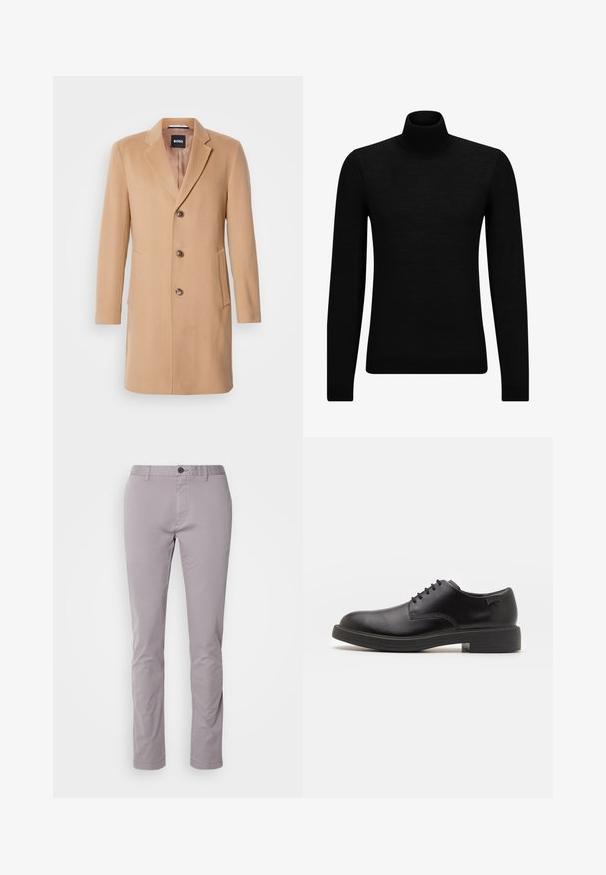 Płaszcz z mieszanki wełny w kolorze camel, z wklęsłym kołnierzem, jednoszeregowym zapięciem, trzema brązowymi guzikami, dwiema bocznymi kieszeniami i gładką fakturą.; Czarny sweter z golfem wykonany z miękkiego materiału, z długimi rękawami i dopasowanym krojem. Żebrowane wykończenie na dolnym brzegu i mankietach. Prosty design.; Jasnoszare bawełniane spodnie o slim fit, z płaskim przodem i pojedynczym zapięciem na guzik. Charakteryzują się czystymi liniami i minimalnymi detalami.; Czarny skórzany but za kostkę z okrągłym noskiem, gładką fakturą, minimalnym przeszyciem i niskim gumowym obcasem. Logo na pięcie.