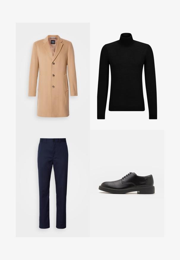 Kamieļa vilnas pārklājs ar izgrieztu atlokiem, viengabalainu aizdari, trim brūnām pogām, divām sānu kabatām un gludu tekstūru.; Melnā augstā kakla džemperis, kas izgatavots no mīksta materiāla, ar garām piedurknēm un pieguļušu piegriezumu. Ribota apdare ap apakšu un piedurknēm. Vienkāršs dizains.; Tumši zilo bikses, kas izgatavotas no kokvilnas maisījuma. Ievērojama taisna kāja, josta ar cilpu un priekšējais pogas aizdare.; Melna āda sašūta kurpe ar noapaļotu purngalu, gludu tekstūru, minimālu šuvju skaitu un zemu gumijas papēdi. Logo uz papēža.