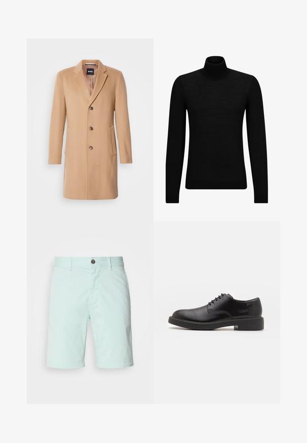 Kamelový vlnený kabát so zaobleným límcom, jednostranným zapínaním, tromi hnedými gombíkmi, dvoma bočnými vreckami a hladkou textúrou.; Čierny rolák vyrobený z jemného materiálu, s dlhými rukávmi a tesným strihom. Hranatý lem a manžety s ribbed úpravou. Jednoduchý dizajn.; Svetlozelené šortky z bavlny, s predným zipsom, gombíkovým zapínaním a bočnými vreckami. Hladká textúra s neformálnym dizajnom.; Čierne kožené šnurovacie topánky s okrúhlou špičkou, hladkým povrchom, minimálnym prešívaním a nízkym gumovým podpätkom. Logo na podpätku.