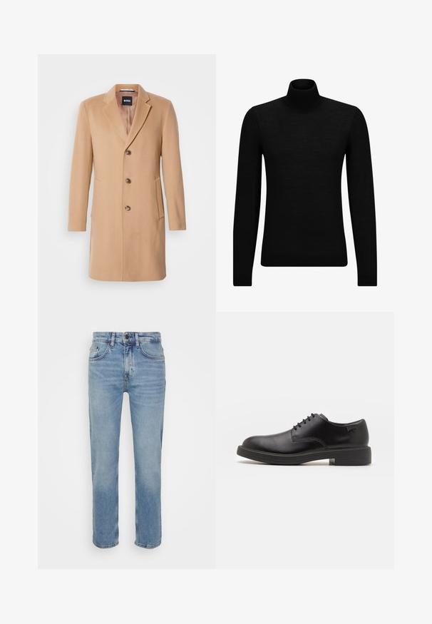 Abrigo de mezcla de lana color camello con solapa muescada, cierre de un solo botón, tres botones marrones, dos bolsillos laterales y textura suave.; Jersey de cuello alto negro hecho de un material suave, con mangas largas y un ajuste ceñido. Ribete acanalado en el dobladillo y los puños. Diseño simple.; Jeans de denim azul claro con corte recto, cinco bolsillos y costuras en contraste. Detalle clásico de cierre con botón y cremallera en la cintura.; Zapato negro de cuero con cordones, punta redondeada, textura suave, costuras mínimas y tacón bajo de goma. Logo en el tacón.