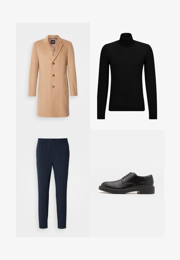 Kaput s mješavinom kamilje vune s urezanim reverom, jednostrukim kopčanjem, tri smeđa gumba, dva bočna džepa i glatkom teksturom.; Crni dukserica s visokim ovratnikom, napravljena od mekanog materijala, s dugim rukavima i priljubljenim krojem. Rebrasti detalji na donjem rubu i rukavima. Jednostavan dizajn.; Tamnoplave ravne hlače s elastičnim pojasom, s prednjim kopčanjem na gumb i glatkom teksturom tkanine.; Crne kožne cipele s vezanjem i zaobljenim vrhom, glatke teksture, minimalnim šavovima i niskim gumiranim potplatom. Logo se nalazi na peti.