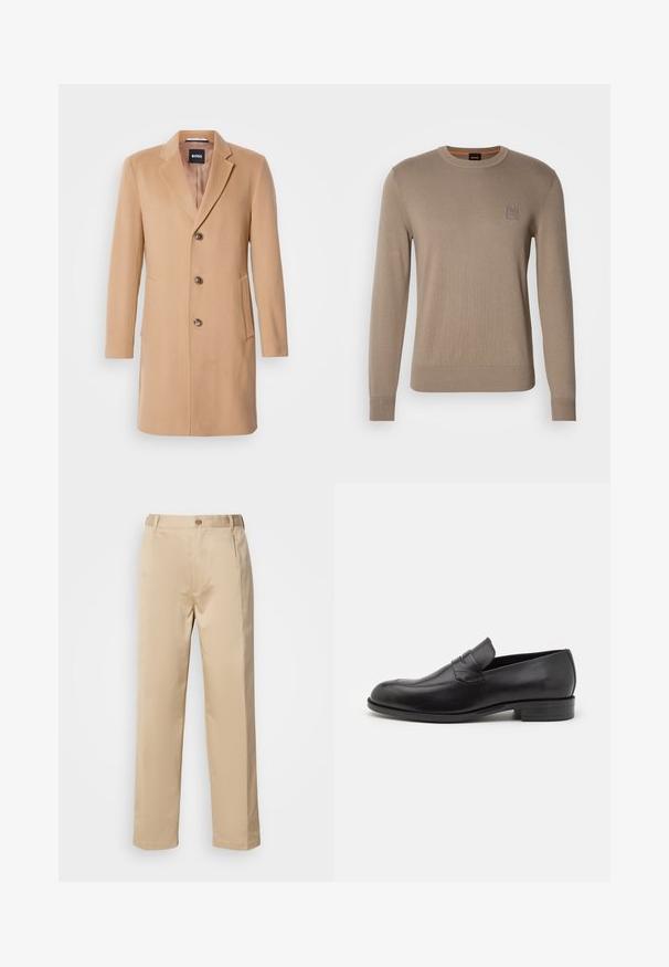Kamieļa vilnas pārklājs ar izgrieztu atlokiem, viengabalainu aizdari, trim brūnām pogām, divām sānu kabatām un gludu tekstūru.; Vīriešu beigtā krējumā pelēks džemperis ar garām piedurknēm, ribotām aprocēm un apakšmalu, ar mazu kvadrātveida logo uz krūtīm.; Bežīgas bikses, kas izgatavotas no viegla auduma, ar taisnu kāju dizainu, jostai ar cilpiņām, un vienu priekšējo pogu.; Melnas ādas loafers ar noapaļotu purngalu un smalkām izšuvuma detaļām. Gluda tekstūra un zems papēdis ar zīmolu aizmugurē.