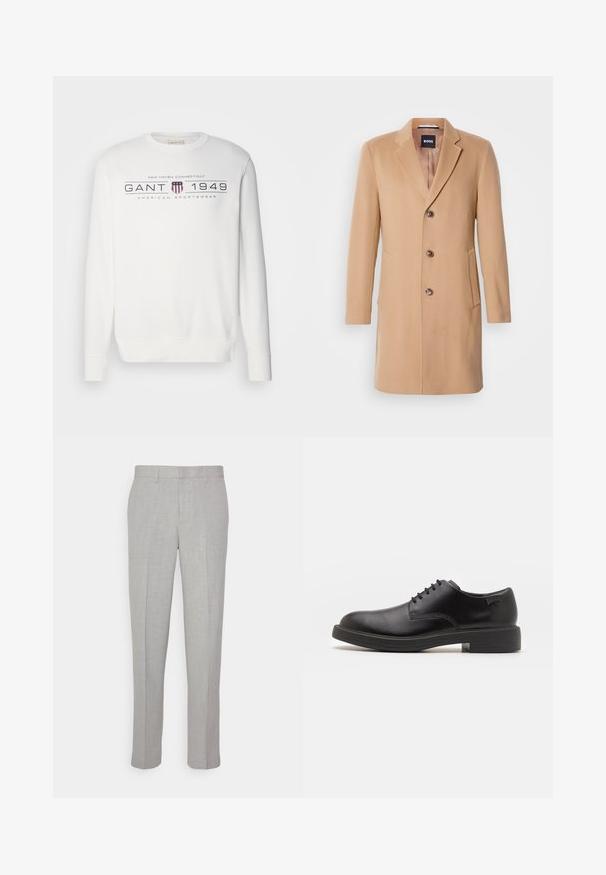 Cappotto in misto lana color cammello con rever, chiusura a un bottone, tre bottoni marroni, due tasche laterali e texture liscia.; Felpa bianca con maniche lunghe, collo rotondo e polsini a costine. Presenta il testo "GANT 1949" e un logo in blu scuro e rosso.; Pantaloni grigi chiari con una texture liscia, frontale piatto e gambe dritte. Realizzati in tessuto traspirante, dotati di tasche interne e passanti per cintura.; Scarpa nera in pelle con lacci, punta tonda, texture liscia, cuciture minime e tacco in gomma basso. Logo sul tacco.