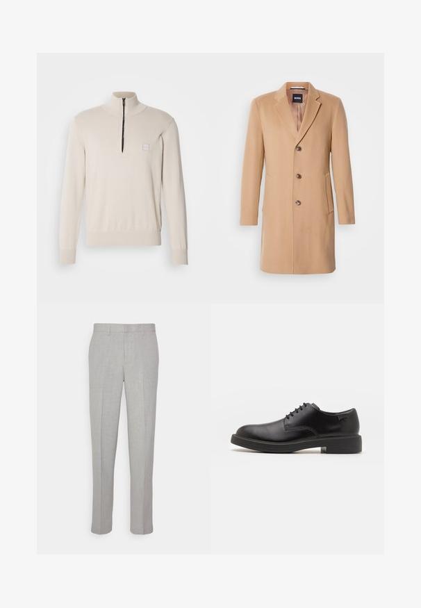 Kameli villasegudest mantel, millel on sisselõigatud krae, ühe nööbiga kinnitamine, kolm pruuni nööpi, kaks küljetaskut ja sile tekstuur.; Heledbež inimene, millel on veerandi tõmblukuga krae, kudumise tekstuur ja väike logopatch rinnal. Sobituvad mansetid ja soonikkoes vöökoht.; Heledad hallid püksid sileda tekstuuriga, lame esiots ja sirged sääred. Valmistatud hingavast kangast, millel on sisepocketid ja vöölõngad.; Must beemel levalis kingad ümarate varvastega, sileda pinnaga, minimaalsete õmblustega ja madala kummist kontsaga. Logo kontsa peal.