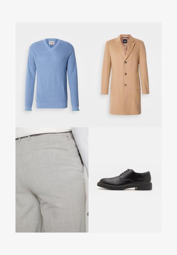 Kamieļa vilnas pārklājs ar izgrieztu atlokiem, viengabalainu aizdari, trim brūnām pogām, divām sānu kabatām un gludu tekstūru.; Gaiši zils V-veida džemperis ar ribotu tekstūru, garām piedurknēm un kontrastējošiem zaļiem akcentiem pie aprocēm. Tam ir etiķete pie kakla.; Gaiši pelēkas pielāgotas bikses no teksturēta auduma, ar vienu aizmugurējo kabatu un tīru šuvju apdari.; Melna āda sašūta kurpe ar noapaļotu purngalu, gludu tekstūru, minimālu šuvju skaitu un zemu gumijas papēdi. Logo uz papēža.