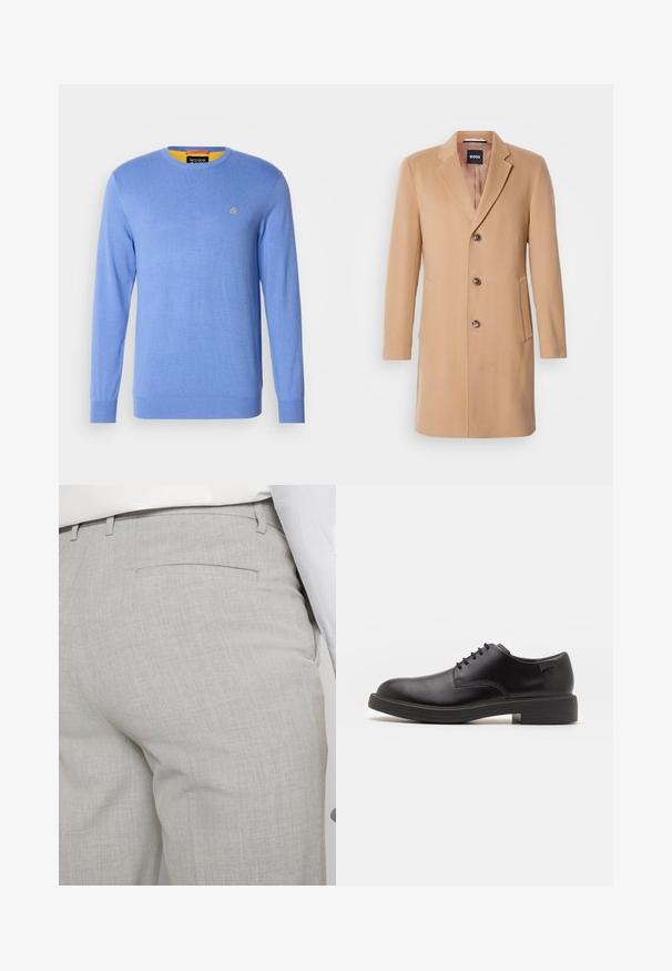 Beiger Wollmischmantel mit Reverskragen, einreihigem Verschluss, drei braunen Knöpfen, zwei Seitentaschen und glatter Textur.; Hellblauer gestrickter Pullover mit langen Ärmeln und Rundhals; verfügt über ein kleines goldenes Emblem auf der Brust und einen kontrastierenden gelben Innenkragen.; Hellgraue, maßgeschneiderte Hose aus strukturiertem Stoff, mit einer einzelnen Gesäßtasche und sauberer Nahtführung.; Schwarzer Leder-Schnürschuh mit abgerundetem Zeh, glatter Textur, minimaler Naht und niedrigem Gummiabsatz. Logo auf der Ferse.