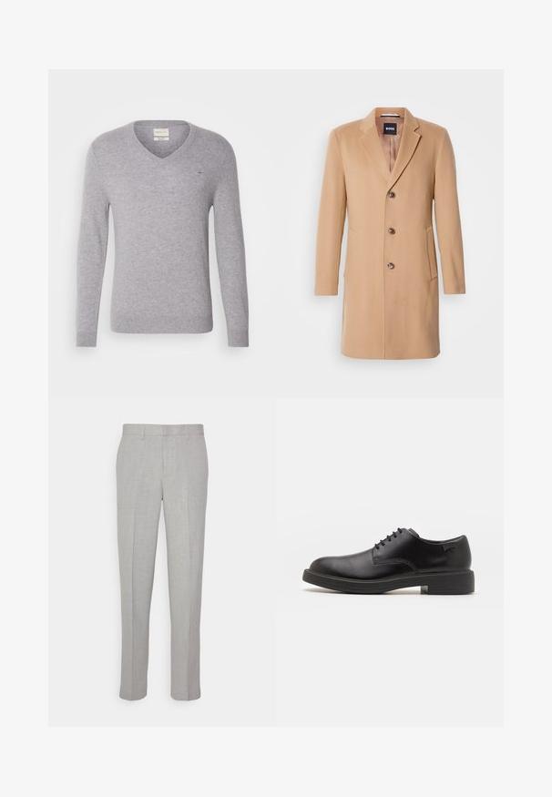 Manteau en mélange de laine couleur chameau avec col cranté, fermeture simple, trois boutons bruns, deux poches latérales et texture lisse.; Pull en laine gris à col en V avec des manches longues, présentant un petit logo brodé sur la poitrine et des poignets et un ourlet côtelés.; Pantalons gris clair avec une texture lisse, devant plat et jambes droites. Fabriqués en tissu respirant, avec poches internes et passants de ceinture.; Chaussure noire en cuir à lacets avec un embout arrondi, texture lisse, piqures minimales et un petit talon en caoutchouc. Logo sur le talon.