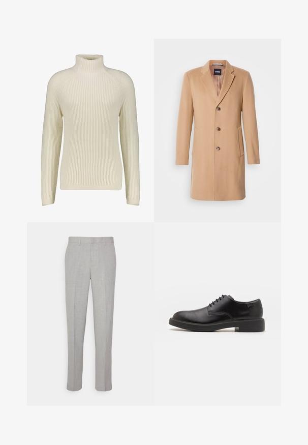Beiger Wollmischmantel mit Reverskragen, einreihigem Verschluss, drei braunen Knöpfen, zwei Seitentaschen und glatter Textur.; DRYKORN ARVID - Strickpullover - offwhite; Hellgraue Hose mit glatter Textur, flachem Front und geraden Beinen. Aus atmungsaktivem Material gefertigt, mit Innentaschen und Gürtelschlaufen.; Schwarzer Leder-Schnürschuh mit abgerundetem Zeh, glatter Textur, minimaler Naht und niedrigem Gummiabsatz. Logo auf der Ferse.