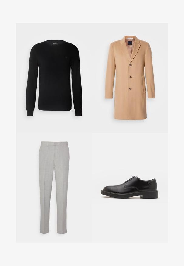 Kamelin villasekoitteinen takki, jossa on uurrettu kaulus, yksirivinen napitus, kolme ruskeaa nappia, kaksi sivutaskua ja sileä pinta.; Mustat neulotut neuleet, joissa on pyöreä kaula-aukko, pitkät hihat ja pieni brodeerattu logo rinnassa. Pehmeä tekstuuri ja istuva muotoilu.; Harmaat housut, joissa on sileä pinta, sileä etuosa ja suorat lahkeet. Valmistettu hengittävästä kankaasta, sisäisillä taskuilla ja vyölenkeillä varustettuna.; Mustat nahkasaappaat, joissa on pyöreä kärki, sileä pinta, minimaalinen ommel ja matala kumipohja. Logo kannassa.