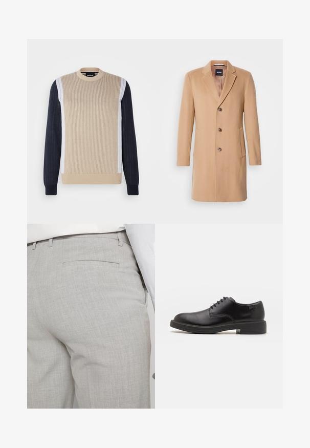 Kamel színű gyapjúkeverék kabát, melynek hajtókás álcsuklója van, egy sor gombbal záródik, három barna gombja, két oldalsó zsebe és sima textúrája van.; Kötött pulóver kerek nyakkivágással és bordás textúrával. Bézs elülső rész, sötétkék ujjakkal és fehér díszítéssel. Függőleges csíkok az ujjakon.; Világosszürke, texturált anyagból készült szabott nadrág, egyetlen hátsó zsebbel és tiszta varrással.; Fekete bőrcipő, kerek orrú, sima felületű, minimális varrással és alacsony gumitalppal. Logó a sarokrészen.
