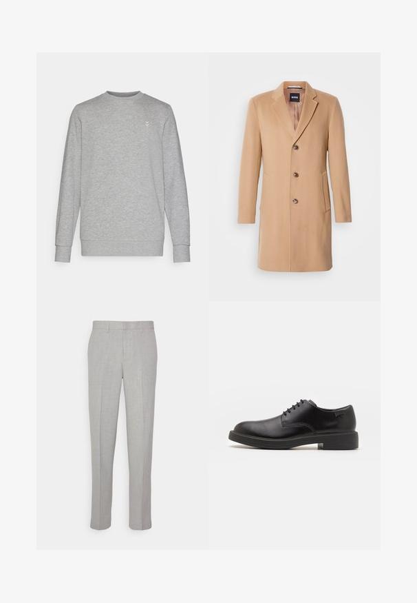 Płaszcz z mieszanki wełny w kolorze camel, z wklęsłym kołnierzem, jednoszeregowym zapięciem, trzema brązowymi guzikami, dwiema bocznymi kieszeniami i gładką fakturą.; Szara bluza z okrągłym dekoltem, długimi rękawami i subtelnym logo na klatce piersiowej. Wykonana z miękkiego materiału mieszanki bawełny z prążkowanymi mankietami.; Jasnoszare spodnie o gładkiej fakturze, z płaskim przodem i prostymi nogawkami. Wykonane z przewiewnej tkaniny, z wewnętrznymi kieszeniami i pętelkami na pasek.; Czarny skórzany but za kostkę z okrągłym noskiem, gładką fakturą, minimalnym przeszyciem i niskim gumowym obcasem. Logo na pięcie.