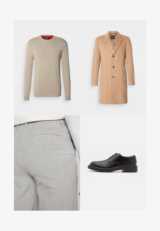 Płaszcz z mieszanki wełny w kolorze camel, z wklęsłym kołnierzem, jednoszeregowym zapięciem, trzema brązowymi guzikami, dwiema bocznymi kieszeniami i gładką fakturą.; Beżowy sweter dzianinowy z długimi rękawami, okrągłym dekoltem i małym czerwonym logo na piersi. Posiada ściągacze przy mankietach i u dołu.; Jasnoszare, dopasowane spodnie wykonane z fakturowanej tkaniny, z pojedynczą tylną kieszenią i starannym przeszyciem.; Czarny skórzany but za kostkę z okrągłym noskiem, gładką fakturą, minimalnym przeszyciem i niskim gumowym obcasem. Logo na pięcie.