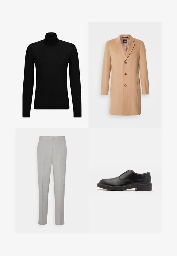 Camel wool-blend coat with a notched lapel, single-breasted closure, three brown buttons, two side pockets, and smooth texture.; Black turtleneck sweater made of soft material, featuring long sleeves and a snug fit. Ribbed trim at the hem and cuffs. Simple design.; Light gray trousers with a smooth texture, flat front, and straight legs. Made of breathable fabric, featuring internal pockets and belt loops.; Black leather lace-up shoe with a rounded toe, smooth texture, minimal stitching, and a low rubber heel. Logo on the heel.