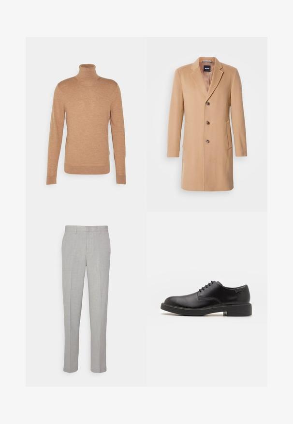 Cappotto in misto lana color cammello con rever, chiusura a un bottone, tre bottoni marroni, due tasche laterali e texture liscia.; Maglione a collo alto marrone realizzato in tessuto morbido, con maniche lunghe e design aderente. Logo sottile sul petto. Texture semplice.; Pantaloni grigi chiari con una texture liscia, frontale piatto e gambe dritte. Realizzati in tessuto traspirante, dotati di tasche interne e passanti per cintura.; Scarpa nera in pelle con lacci, punta tonda, texture liscia, cuciture minime e tacco in gomma basso. Logo sul tacco.