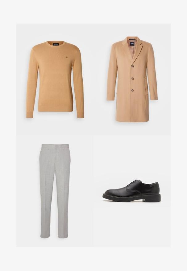 Abrigo de mezcla de lana color camello con solapa muescada, cierre de un solo botón, tres botones marrones, dos bolsillos laterales y textura suave.; Suéter de cuello redondo beige hecho de un material de punto suave, con mangas largas y un pequeño logo bordado en el pecho.; Pantalones gris claro con una textura suave, frente plano y piernas rectas. Hechos de una tela transpirable, con bolsillos internos y pasadores para cinturón.; Zapato negro de cuero con cordones, punta redondeada, textura suave, costuras mínimas y tacón bajo de goma. Logo en el tacón.