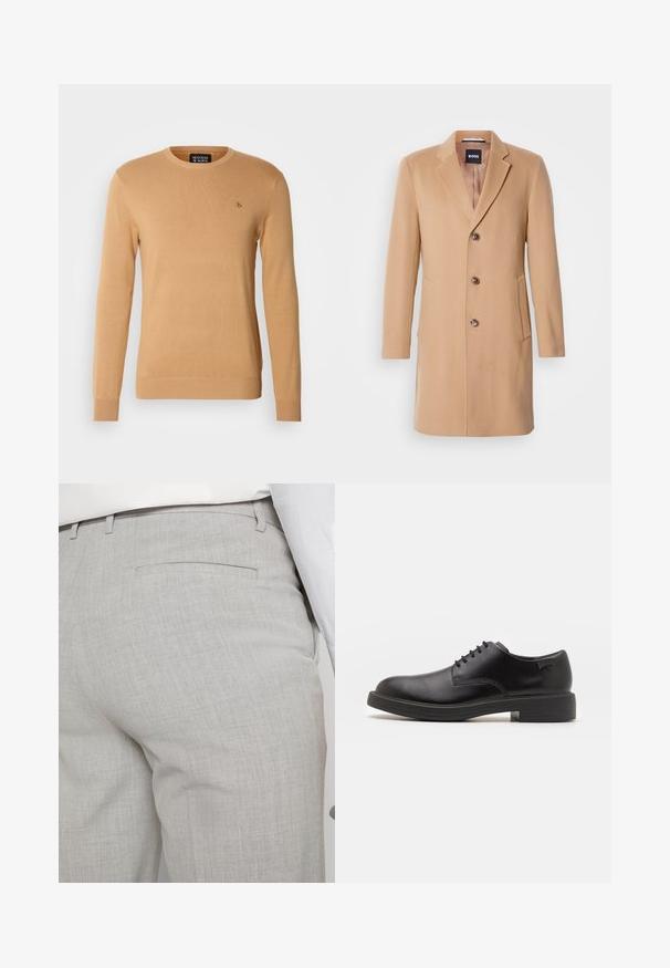 Manteau en mélange de laine couleur chameau avec col cranté, fermeture simple, trois boutons bruns, deux poches latérales et texture lisse.; Pull en beige à col rond en matériau tricoté doux, avec des manches longues et un petit logo brodé sur la poitrine.; Pantalon gris clair sur mesure en tissu texturé, avec une seule poche arrière et des coutures nettes.; Chaussure noire en cuir à lacets avec un embout arrondi, texture lisse, piqures minimales et un petit talon en caoutchouc. Logo sur le talon.