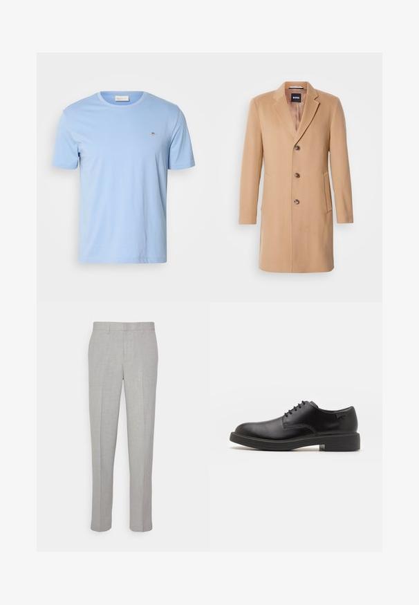 Cappotto in misto lana color cammello con rever, chiusura a un bottone, tre bottoni marroni, due tasche laterali e texture liscia.; T-shirt azzurro chiaro a maniche corte in cotone. Presenta un collo giro e un piccolo logo ricamato sul petto sinistro. Texture morbida.; Pantaloni grigi chiari con una texture liscia, frontale piatto e gambe dritte. Realizzati in tessuto traspirante, dotati di tasche interne e passanti per cintura.; Scarpa nera in pelle con lacci, punta tonda, texture liscia, cuciture minime e tacco in gomma basso. Logo sul tacco.