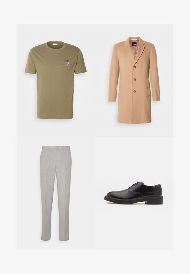 Kamelový vlnený kabát so zaobleným límcom, jednostranným zapínaním, tromi hnedými gombíkmi, dvoma bočnými vreckami a hladkou textúrou.; Olivová bavlnená tričko s krátkymi rukávmi a okrúhlym výstrihom, s logom "GANT" s dizajnom štítu a textom na ľavej strane hrudníka.; Svetlo-sivé nohavice s hladkým povrchom, plochým predným dielom a rovnými nohavicami. Vyrobené z priedušnej látky, s vnútornými vreckami a pútkami na opasok.; Čierne kožené šnurovacie topánky s okrúhlou špičkou, hladkým povrchom, minimálnym prešívaním a nízkym gumovým podpätkom. Logo na podpätku.
