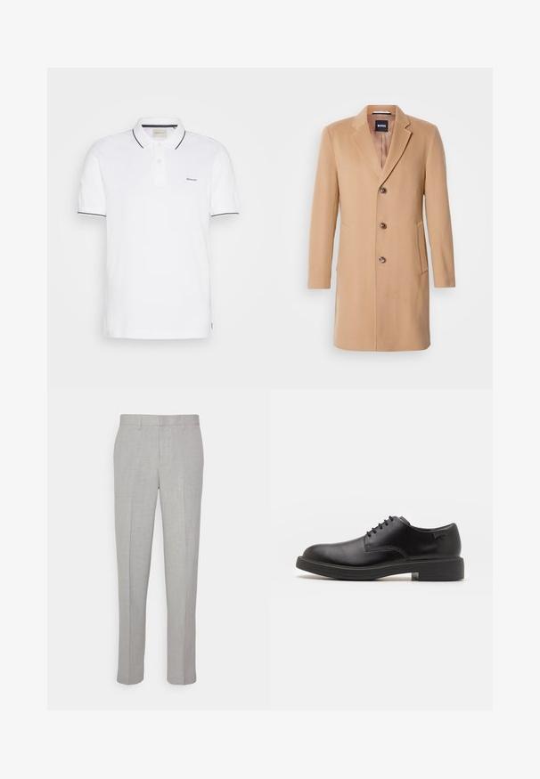 Kameli villasegudest mantel, millel on sisselõigatud krae, ühe nööbiga kinnitamine, kolm pruuni nööpi, kaks küljetaskut ja sile tekstuur.; Valge puuvillane polo-särkk, millel on kahe nupuga kaelus, lühikesed varrukad ja tumesinine ääris kaelusel ja varrukatel. Rinnal GANT logo.; Heledad hallid püksid sileda tekstuuriga, lame esiots ja sirged sääred. Valmistatud hingavast kangast, millel on sisepocketid ja vöölõngad.; Must beemel levalis kingad ümarate varvastega, sileda pinnaga, minimaalsete õmblustega ja madala kummist kontsaga. Logo kontsa peal.