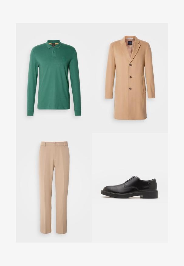 Camel wollen blend jas met een notch-lapel, een enkele sluiting, drie bruine knopen, twee zijzakken en een soepele textuur.; Poloshirt met lange mouwen in groen katoen, voorzien van een knoopsluiting met twee knopen en een subtiele logo-opdruk op de borst. Zachte textuur, klassieke pasvorm.; Beige broek gemaakt van gladde stof, met een rechte pasvorm, een sluiting met een knoop aan de voorkant en subtiele plis details aan de voorkant.; Zwarte leren veterschoen met een ronde neus, een gladde textuur, minimale stiksels en een lage rubberen hak. Logo op de hak.
