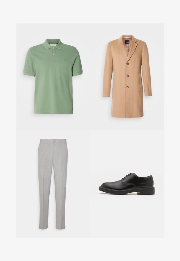 Kamel színű gyapjúkeverék kabát, melynek hajtókás álcsuklója van, egy sor gombbal záródik, három barna gombja, két oldalsó zsebe és sima textúrája van.; Zöld pólóing, mely 100% pamutból készült. A gallérján két gomb található, és a mellkasán egy kis logó látható. Rövid ujjak, normál szabású.; Világosszürke nadrág, sima textúrával, lapos elülső résszel és egyenes lábakkal. Lélegző anyagból készült, belső zsebekkel és övjáratokkal ellátva.; Fekete bőrcipő, kerek orrú, sima felületű, minimális varrással és alacsony gumitalppal. Logó a sarokrészen.