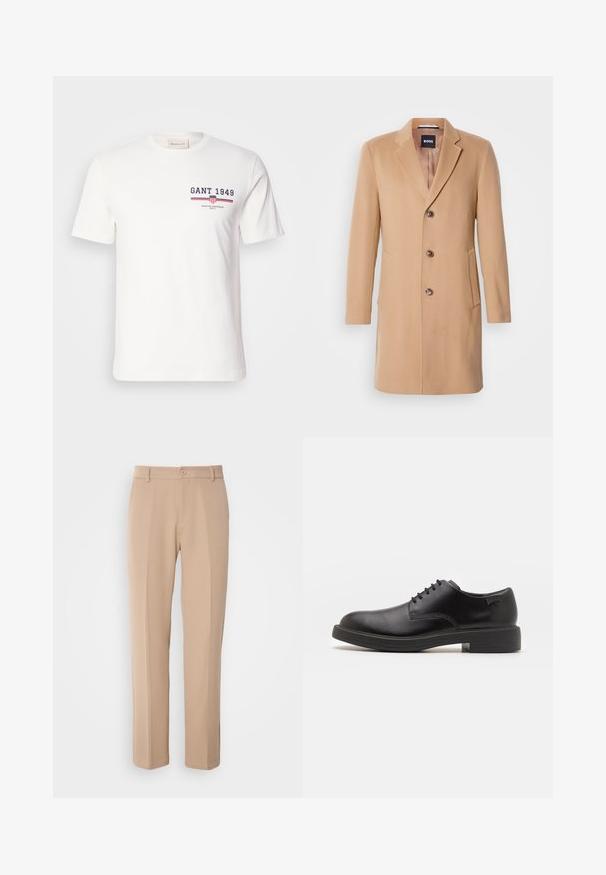 Cappotto in misto lana color cammello con rever, chiusura a un bottone, tre bottoni marroni, due tasche laterali e texture liscia.; T-shirt bianco in cotone a maniche corte, con logo "GANT 1949" in blu navy e rosso, e dettagli orizzontali a strisce rosse e blu.; Pantaloni beige realizzati in tessuto liscio, con un design a gamba dritta, chiusura frontale con bottone e dettagli di pieghe sottili lungo la parte anteriore.; Scarpa nera in pelle con lacci, punta tonda, texture liscia, cuciture minime e tacco in gomma basso. Logo sul tacco.
