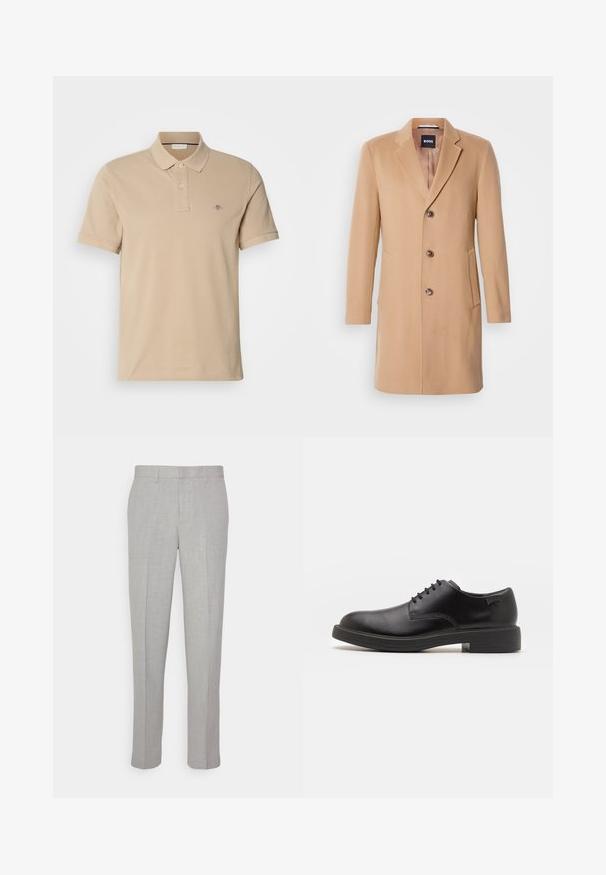 Kamelin villasekoitteinen takki, jossa on uurrettu kaulus, yksirivinen napitus, kolme ruskeaa nappia, kaksi sivutaskua ja sileä pinta.; Beige polo paita valmistettu puuvillasta, jossa on nappikaulus, lyhyet hihat ja pieni brodeerattu logo rinnassa. Sujuva tekstuuri.; Harmaat housut, joissa on sileä pinta, sileä etuosa ja suorat lahkeet. Valmistettu hengittävästä kankaasta, sisäisillä taskuilla ja vyölenkeillä varustettuna.; Mustat nahkasaappaat, joissa on pyöreä kärki, sileä pinta, minimaalinen ommel ja matala kumipohja. Logo kannassa.