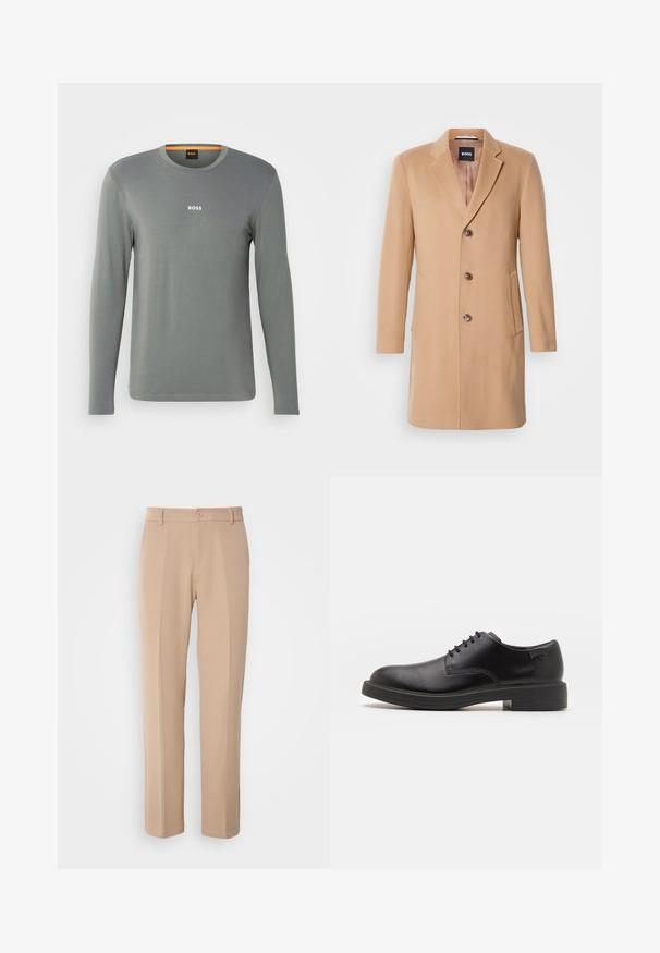 Kamel színű gyapjúkeverék kabát, melynek hajtókás álcsuklója van, egy sor gombbal záródik, három barna gombja, két oldalsó zsebe és sima textúrája van.; Hosszú ujjú ing világosszürke anyagból, kerek nyakkal és kis fehér "BOSS" logóval a mellrészen, sima textúrával és minimális részletezéssel.; Sima anyagból készült bézs nadrág, egyenes lábú fazonnal, elöl gombos záródással és finom hajtott részletekkel az elején.; Fekete bőrcipő, kerek orrú, sima felületű, minimális varrással és alacsony gumitalppal. Logó a sarokrészen.