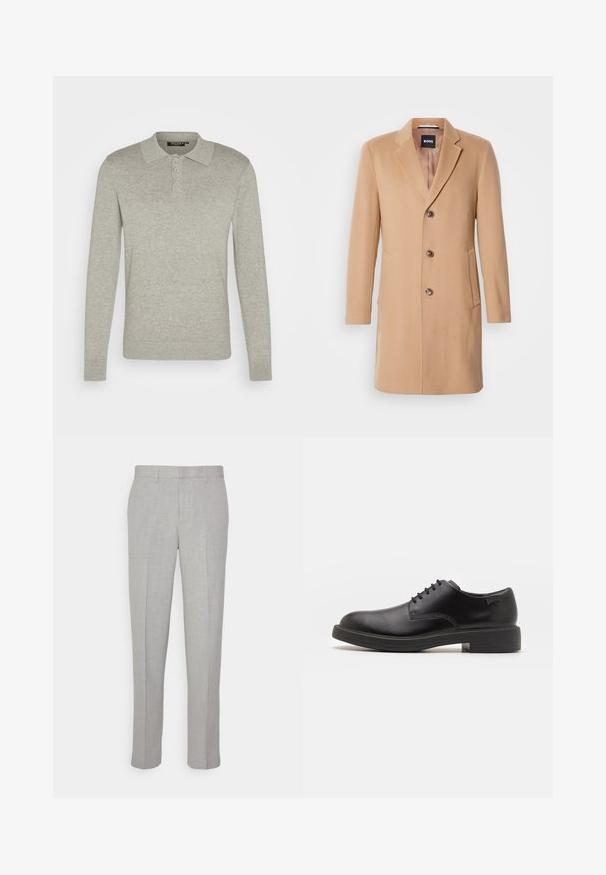 Kamel színű gyapjúkeverék kabát, melynek hajtókás álcsuklója van, egy sor gombbal záródik, három barna gombja, két oldalsó zsebe és sima textúrája van.; Hosszú ujjú, világosszürke pólóing puha anyagból, három gombos kiképzéssel és bordázott mandzsettákkal, klasszikus gallér dizájnnal.; Világosszürke nadrág, sima textúrával, lapos elülső résszel és egyenes lábakkal. Lélegző anyagból készült, belső zsebekkel és övjáratokkal ellátva.; Fekete bőrcipő, kerek orrú, sima felületű, minimális varrással és alacsony gumitalppal. Logó a sarokrészen.