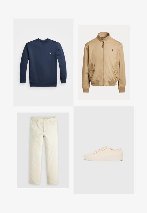 Bežna bomber jakna iz gladkega blaga. Ima stoječ ovratnik, dva stranska žepa, rebraste mansete in majhen logo na prsih.; Temno modra majica s dolgimi rokavi iz mešanice bombaža, z rebrastimi manšeti in krojnim izrezom. Ima majhno vezeno logo na prsih.; Svetlo bež hlače širokega kroja s tremi žepi, zankami za pas in ravnim krojem. Narejene so iz mešanice mehkega bombaža.; Bež platneni športni copati z okroglo konico, ravnim gumijastim podplatom in vezalkami spredaj. Imajo minimalističen dizajn in kontrastni črn akcent na peti.