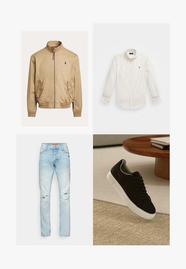 Chaqueta bomber beige hecha de tela suave. Cuenta con un cuello alto, dos bolsillos laterales, puños de canalé y un pequeño logo en el pecho.; Camisa blanca de manga larga hecha de algodón, con cuello abotonado, un bolsillo en el pecho y un pequeño logo en azul marino en el lado izquierdo.; Jeans de mezclilla azul claro con un corte recto, que presentan desgastes y rasgaduras en el frente y un lavado ligeramente desteñido. Diseño clásico de cinco bolsillos.; Zapatilla negra con suela blanca flotando sobre una alfombra texturizada beige cerca de una mesa redonda de madera con libros apilados.