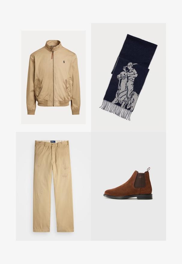 Bežs bomberjakas, kas izgatavots no gludas auduma. Ar stāvošo apkakli, divām sānu kabatām, ribotām piedurknēm un mazu logotipu uz krūšu.; Bēšas krāsas garā piedurkņu pogājama krekls ar baltām vertikālām svītrām, krekla apkakli ar pogām, krūšu kabatu un “Polo Ralph Lauren” etiķeti apkakles iekšpusē.; Beige kokvilnas bikses ar taisnu piegriezumu. Iezīmēts ar izsistiem laukumiem un izšuvumiem priekšpusē. Klasiska pogu un rāvējslēdzēja aizdare.; Brūni zamša Chelsea zābaki ar elastīgu sānu paneļa, cilpu aizmugurē, melnu zoli un smalku "GANT" logo uz sānu paneļa.; Tumši zils šalle ar pelēku grafiku, kurā attēlots polo spēlētājs uz zirga, ar frizētām malām.