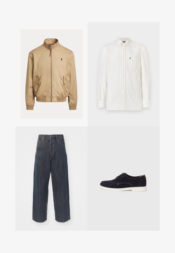 Beige bomber jacket made of smooth fabric. Features a stand collar, two side pockets, ribbed cuffs, and a small logo on the chest.; Long-sleeve button-up shirt in light cream cotton with thin vertical stripes, a chest pocket, and a small logo on the left side.; Wide-leg dark blue denim jeans with subtle distressed texture, five pockets, and a classic button and zipper closure at the waist.; Navy suede lace-up shoes with white rubber sole, featuring a stitched toe detail and a small tricolor logo accent on the side.