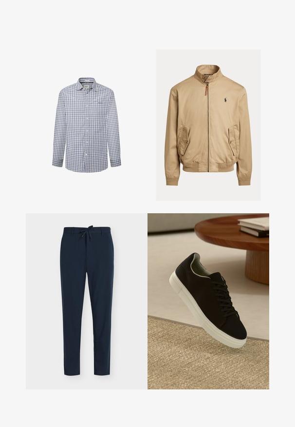 Béžová bomber bunda vyrobená z hladkej tkaniny. Obsahuje stojáčik, dve bočné vrecká, rebrované manžety a malé logo na hrudi.; Košela na gombíky v modro-bielej kockovanej vzore. Dlhé rukávy, klasický golier, látka sa zdá byť ľahká a priedušná.; Tmavomodré nohavice vyrobené z hladkej látky s pásom na šnúrku, zdobené vertikálnym prúžkovaným vzorom a strihom zužujúcim sa pri nohách.; Čierna teniska s bielou podrážkou plávajúca nad béžovým textúrovaným kobercom pri okrúhlom drevenom stole s hromadou kníh.