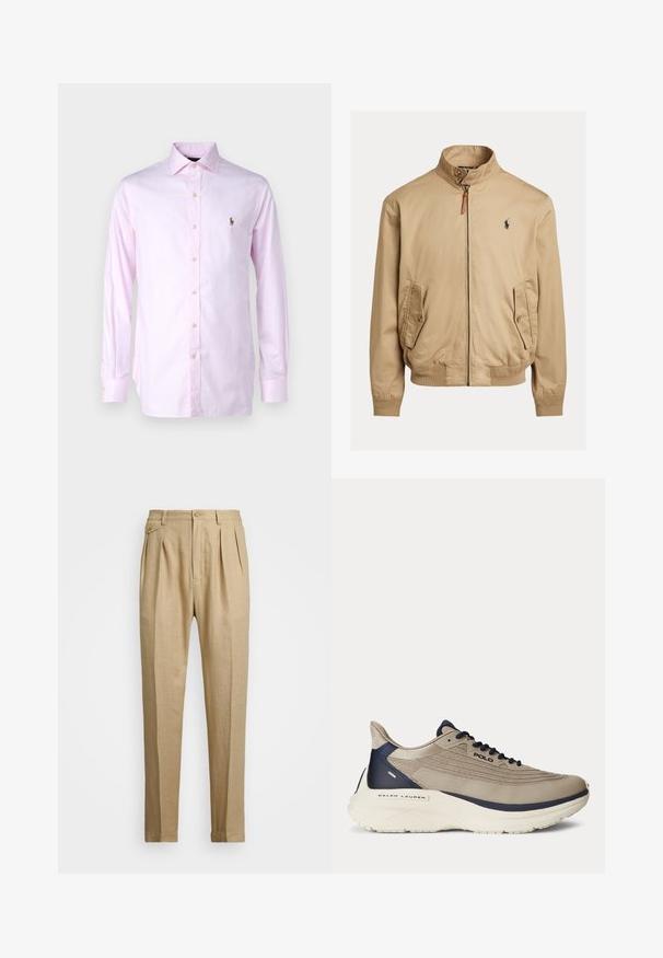 Bežna bomber jakna iz gladkega blaga. Ima stoječ ovratnik, dva stranska žepa, rebraste mansete in majhen logo na prsih.; Polo Ralph Lauren Formalna srajca - pink/white; Beige lanene hlače s ravnim krojem, ki imajo dva sprednja pregiba, gumbasto zapiranje in stranske žepi. Teksturna tkanina z gladkim zaključkom.; Bežna atletska obutev z zgornjim delom iz teksturirane mrežice, mornarsko modrimi detajli, debelim belim podplatom in zapletenimi oblikovalskimi podrobnostmi. Ima vezalke in logotip.