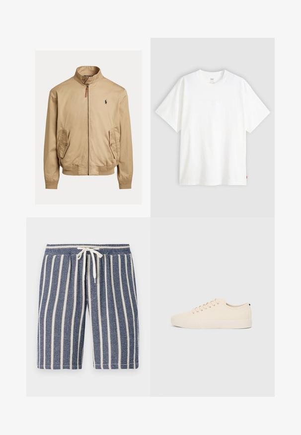 Beige Bomberjacke aus glattem Stoff. Sie verfügt über einen Stehkragen, zwei seitliche Taschen, gerippte Bündchen und ein kleines Logo auf der Brust.; Weißes T-Shirt mit kurzen Ärmeln aus Baumwolle und rundem Halsausschnitt. Besitzt ein dezentes, geprägtes Logo-Detail auf der Vorderseite und ein rotes Etikett am Saum.; Marineblaue, strukturierte Shorts mit weißen vertikalen Streifen, elastischem Bund und Kordelzug. Lässiges Design, geeignet für warmes Wetter.; Beige Leinensneaker mit runder Zehenpartie, flacher Gummisohle und Schnürung. Verfügt über ein minimalistisches Design und einen kontrastierenden schwarzen Akzent an der Ferse.