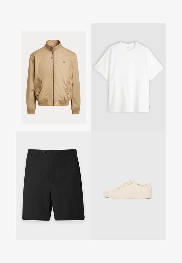 Bežs bomberjakas, kas izgatavots no gludas auduma. Ar stāvošo apkakli, divām sānu kabatām, ribotām piedurknēm un mazu logotipu uz krūšu.; Balta īslaicīga T-krekla ar īsām piedurknēm, kas izgatavots no kokvilnas, ar apaļu kakla izgriezumu. Priekšpusē ir smalks reljefs ar logotipu un sarkans birka apakšmalā.; Melnas šortus, kas izgatavoti no viegla auduma, ar pogu aizdari, divām sānu kabatām un taisnu piegriezumu. Gluda tekstūra un vienkāršs dizains.; Bežīgas kanvas kedas ar apaļu purngalu, plakanu gumijas zoli un auklām priekšā. Ir minimālisma dizains un kontrastējoša melna akcenta detaļa uz papēža.