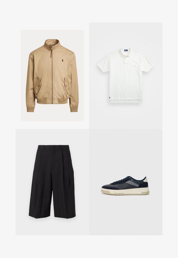 Beige bomberjakke lavet af glat stof. Har en stående krave, to sidelommer, ribstrikkedeærmer og et lille logo på brystet.; Hvid polo-shirt lavet af bomuld, med en klassisk krave, tre-knaps knaplukning og en lomme på venstre bryst; lille logo ved kanten.; Sorte plisserede shorts lavet af stof med en glat struktur, der har en frontknaplukning og brede, løstsiddende ben.; BOSS BALTIMORE - Sneakers - open blue