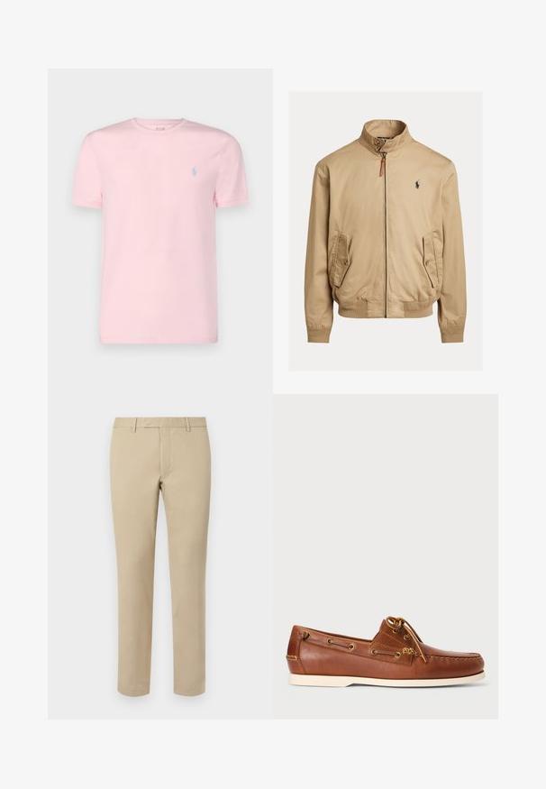 Casaco bomber bege feito de tecido suave. Apresenta um colarinho alto, dois bolsos laterais, punhos canelados e um pequeno logotipo no peito.; Polo Ralph Lauren CUSTOM SLIM FIT JERSEY CREWNECK T-SHIRT - T-shirt básica - hint of pink; Calças de algodão bege com corte reto, apresentando passantes para cinto, frente lisa e bainhas ajustadas. Textura suave e detalhes mínimos.; Sapatilha de barco em pele castanha com atacadores, ilhós dourados e sola em borracha clara. Projetada com um padrão de costura elevada na ponta.
